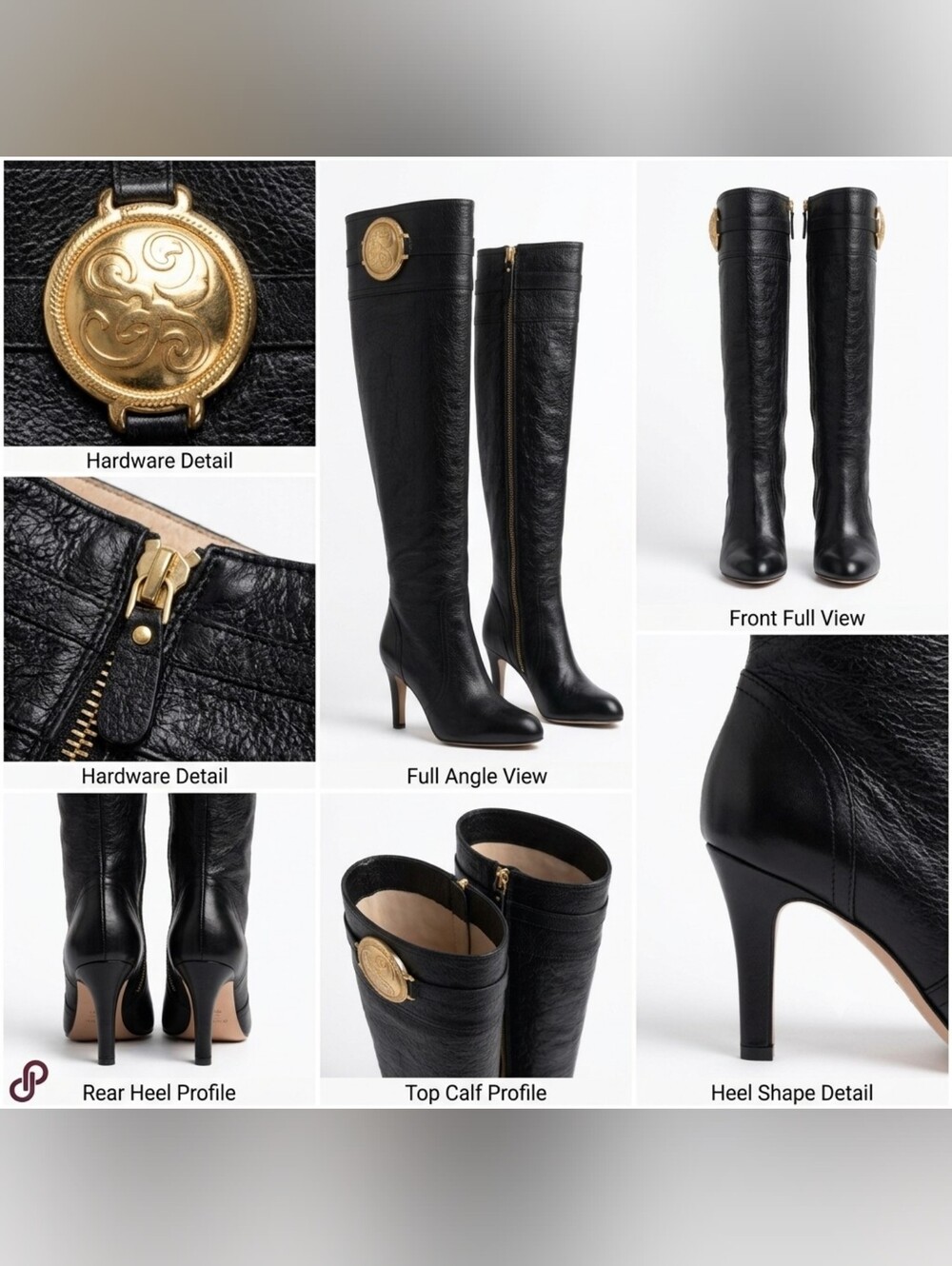 Juicy Couture Black Knee-High Leather Stiletto Boots with Gold Medallion - Picture 2 of 4